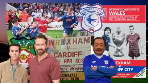 Composite image includes action from 1995 Welsh Cup final, cover of 1988 Welsh Cup final programme, Wrexham owners Rob McElhenney and Ryan Reynolds and Cardiff City owner Vincent Tan