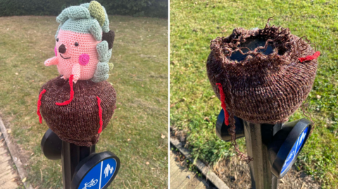 Two images, one of a knitted hedgehog sitting on a bollard and the other of the remains after the top of the animal was cut off.