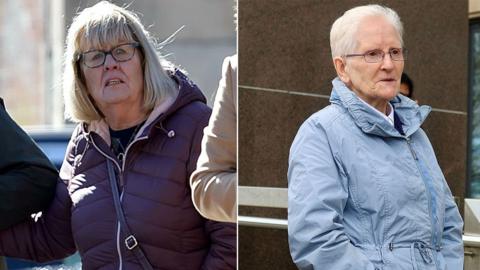 A composite photo of two women outside court. The woman on the left has glasses, a purple puffer jacket and shoulder length blonde hair. The woman on the right has short white hair, a light blue coat and glasses.