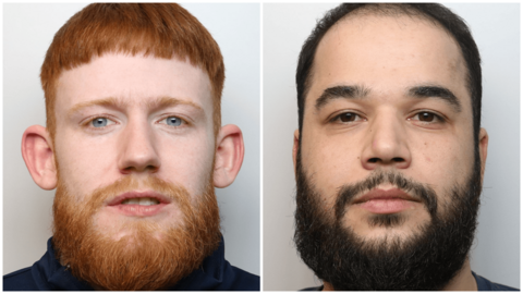 Two mugshots side by side of two men. One has red hair and a medium-length ginger beard. The other has dark hair and a medium-length beard. Both are looking directly at the camera.