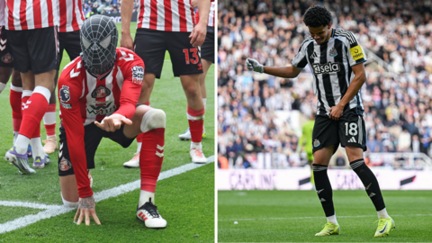 A split image of Sunderland's Enzo Le Fee wearing a Spider-Man mask and Newcastle's William Osula's tribute to pop star Michael Jackson.