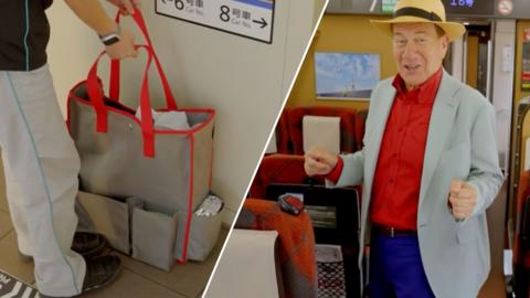 Split image of Michael Portillo and a member of the Shinkansen cleaning crew 