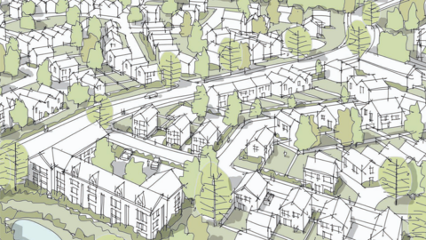 A hand-drawn-style illustration showing multiple white properties surrounded by greenery.
