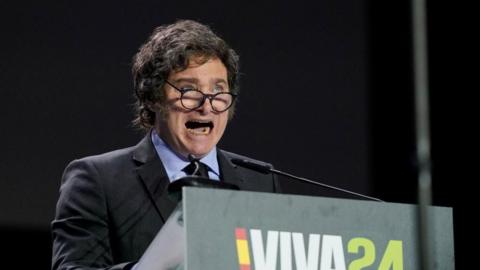 Argentina's President Javier Milei speaks during a rally organised by the Spanish far-right Vox party