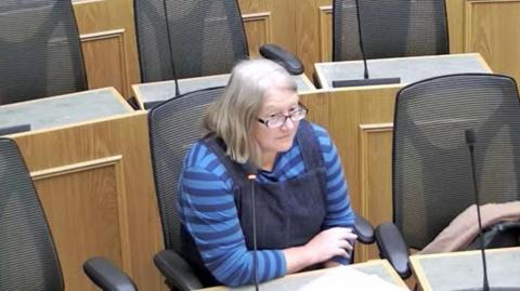 Suzanne Wright at the council meeting on Friday. She is sitting at a desk and speaking into a microphone. She has shoulder-length grey hair, glasses and is wearing blue dungarees on top of a blue striped long-sleeve t-shirt.