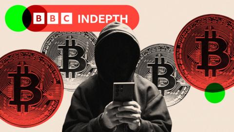 A treated image of a hooded hacker holding a phone with Bitcoins around