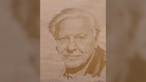 Sand art depiction of Sir David Attenborough, taken from above. His face is raked into the sand as he smiles to camera.