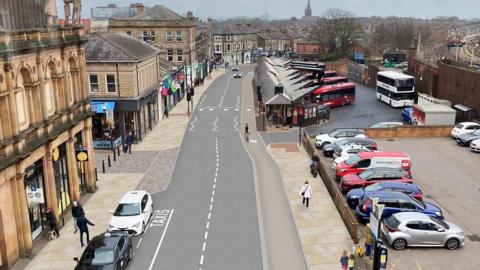 An artist's impression of a busy urban street scene featuring clearly marked lanes for taxis, buses, and bicycles. Red buses are parked at a designated bus station area, while taxis and private cars line the roadside. Pedestrians walk along wide pavements beside buildings with architectural features like columns and domes, suggesting a mix of shops and public institutions.