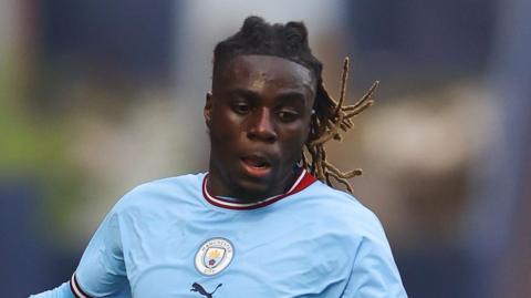 Terrell Agyemang playing in a mid-season friendly match between Stockport County and Manchester City U21 in 2023