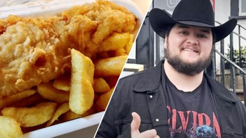 An image of fish and chips and TikToker Kalani Smith