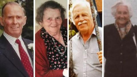 A composite image consisting of four individual pictures of people who died at Gosport War Memorial Hospital - from left to right they are Cliff Houghton, Dulcie Middleton, Brian Cunningham and Eva Page