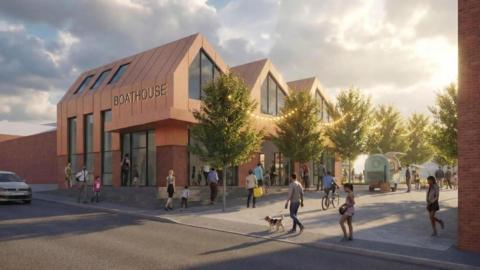 An artist's impression showing a large new building with the word 'boathouse' on it, as well as a food trick, and several pedestrians or cyclists.