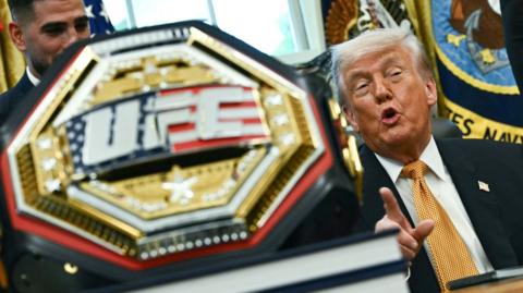Donald Trump gestures to a gold UFC prize belt.