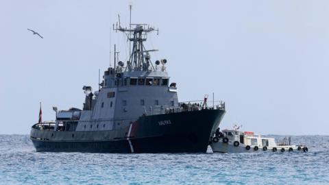 A Frontex vessel during a rescue operation near Greece in 2026.