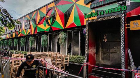 A view of the damage at a pub following a deadly fire in Bangkok's Chatuchak district, Thailand,