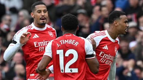 Arsenal defenders William Saliba, Jurrien Timber and Gabriel Magalhaes