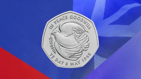 The VE Day 50p design featuring a dove of peace and the inscription "in peace goodwill".