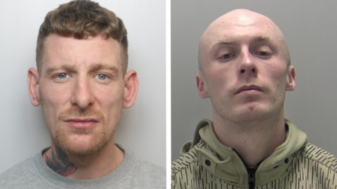 Mugshots of Ryan Byrne and George Stephens. Byrne, on the left, has a bird tattoo on the neck. Stephens, on the right, is wearing a green hoodie.