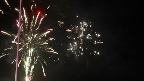 Gold, green and white fireworks lighting up the night sky.
