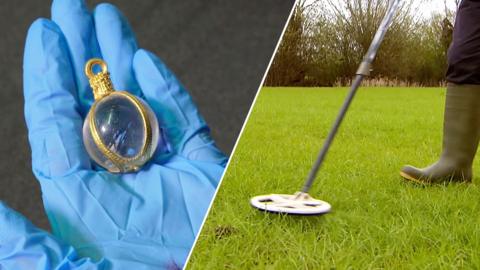 Composite of a rock crystal pendant in the palm of a hand wearing a blue glove, and a person sweeping a grassy field with a metal detector