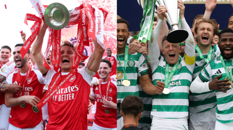 Martin Odegaard lifts the Premier League trophy for Arsenal and Callum McGregor lifts the Scottish Premiership trophy for Celtic