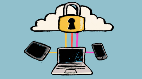 Laptop, tablet and phone  against a blue background underneath a padlock and cloud.