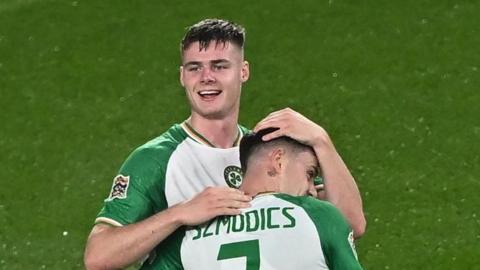 Evan Ferguson celebrates scoring against Finland