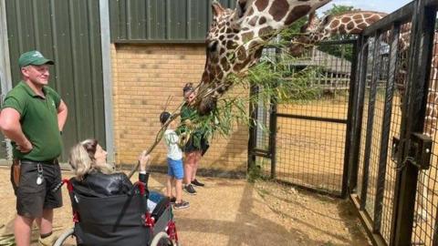 Liene feeds giraffes with her son Noah