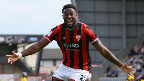 Morecambe's Daniel Ogwuru celebrates after scoring his sides second goal against Altrincham
