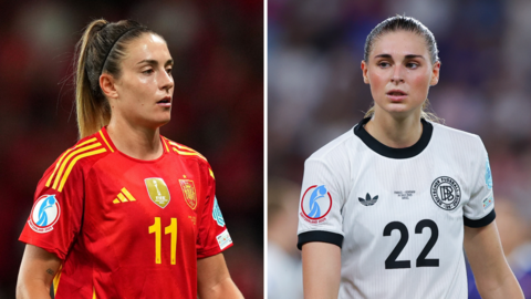 A split picture of Alexia Putellas playing for Spain and Jule Brand playing for Germany