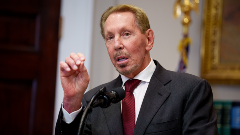 Oracle co-founder, CTO and Executive Chairman Larry Ellison speaks during a news conference with U.S. President Donald Trump in the Roosevelt Room of the White House on January 21, 202