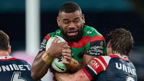South Sydney Rabbitohs winger Mikaele Ravalawa in action for South Sydney Rabbitohs against Sydney Roosters.