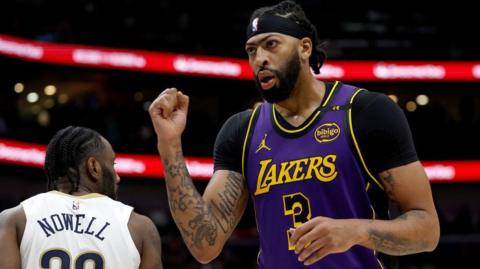 Anthony Davis of the Los Angeles Lakers in action against the New Orleans Pelicans during an NBA game. 