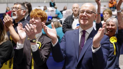 John Swinney reacts after winning his seat at the Dewars Centre in Perth