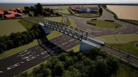 An artist's impression of what the A46 Nettleham roundabout could look like. It shows a large roundabout with multiple lanes and a footbridge.