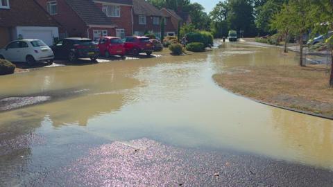 A flooded residential road. 