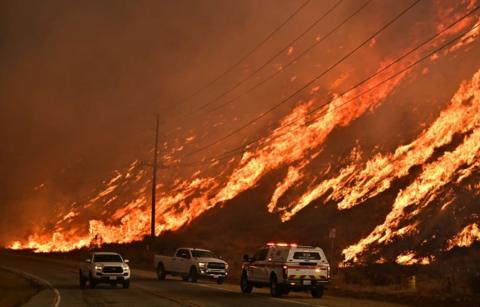 Emergency vehicles parked near the Hughes fire near Los Angeles