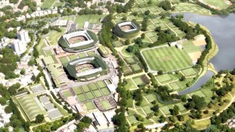 A computer graphic showing the proposed 39 tennis courts, including an 8,000-seater show court, on the former site of Wimbledon Park Golf Club

