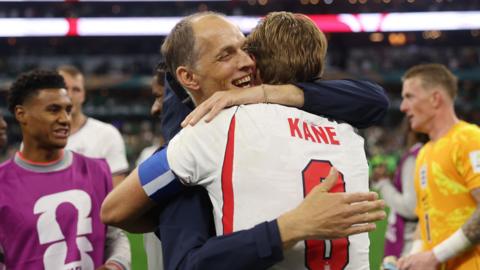 Tuchel and Kane embracing after England's win against Mexico