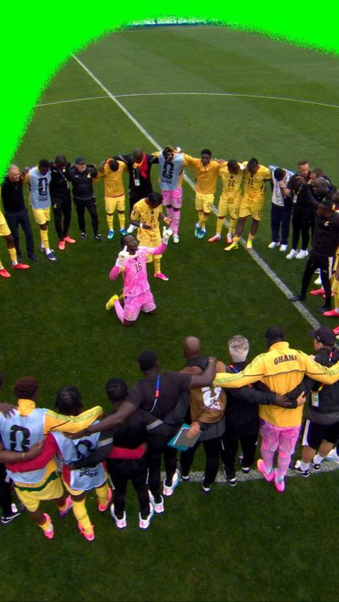 Ghana squad pray together on the pitch at full time at the 2026 World Cup