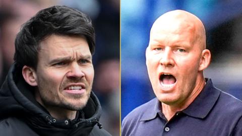 the left side of the image is a head shot of former Sheffield Wednesday manager Danny Rohl, who grimaces. the right side of the image is a head shot of current Sheffield Wednesday manager Henrik Pedersen who shouts with mouth wide open.