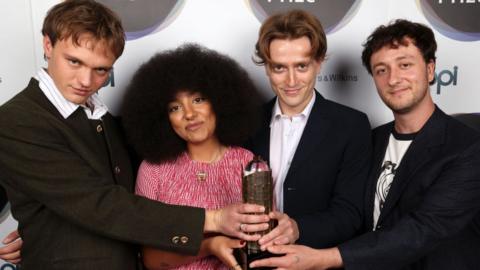 Douglas Frost, Lily Fontaine, Nicholas Eden and Lewis Whiting of English Teacher pose at the Mercury Awards