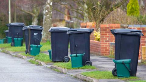 Black rubbish bins lined up on a kerbside with smaller green food caddies next to them.