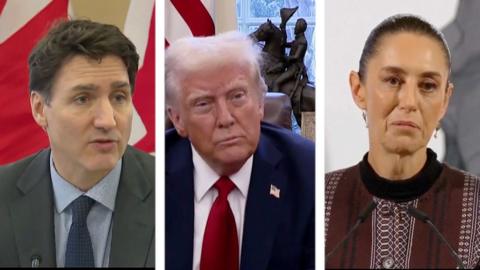 Split screen showing Justin Trudeau, Donald Trump and Claudia Sheinbaum