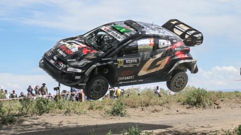 The air-bound Toyota Yaris of Elfyn Evans at Safari Rally Kenya 2025