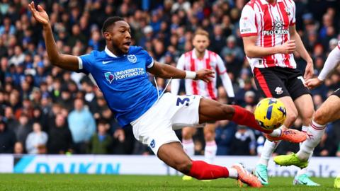 Portsmouth's Ebou Adams challenges for the ball against Southampton
