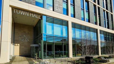Exterior of the town hall in Crawley in West Sussex. The building is the  headquarters of Crawley Borough Council.