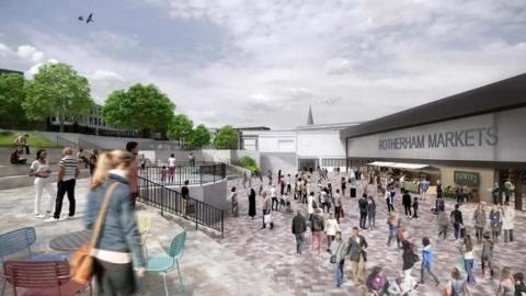 A CGI impression showing lots of people milling about a market complex. 'Rotherham Markets' is emblazoned in writing on the building.