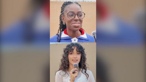 Cat Burns and Asha Banks in split screen thumbnail: Burns wearing a red, white and blue polo-shirt and Banks, a white blouse