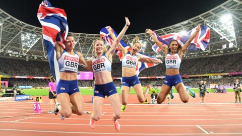 Zoey Clark, Laviai Nielsen, Eilidh Doyle and Emily Diamond of Great Britain celebrate winning silver in the women's 4x400m relay at the 2017 World Athletics Championships in London